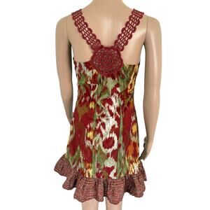 Y2K Esprit Boho Ikat Print Mini Dress Earthy Indie Sleaze Crochet Ruffle Hem 4
